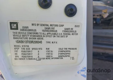 2003 Chevrolet Tahoe Z71 из США, поврежденный, VIN 1GNEK13T63R296046